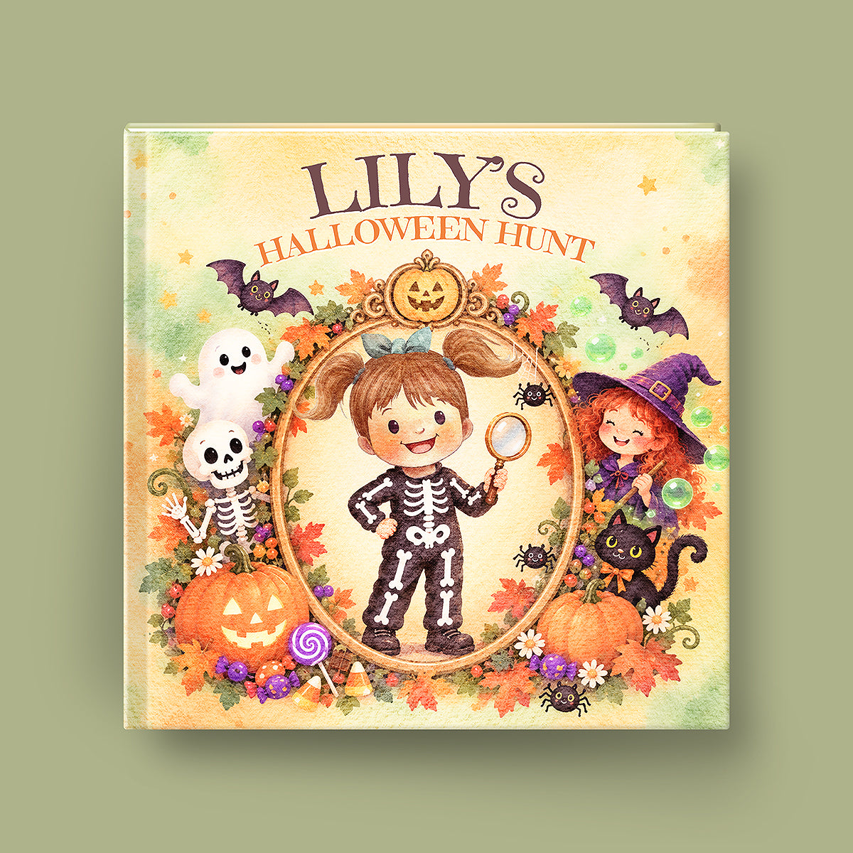A square hardcover book titled 'LILY'S HALLOWEEN HUNT' shown upright against a muted sage green background. The cover features a whimsical watercolor-style Halloween illustration with a central child in a skeleton outfit, another child in a witch costume, pumpkins, bats, ghosts, spiders, and autumn leaves.