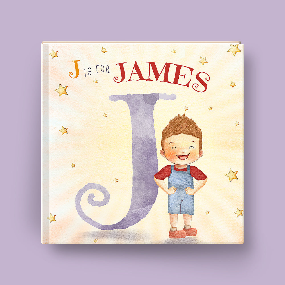Children's book cover with a boy and the text "J is for James"