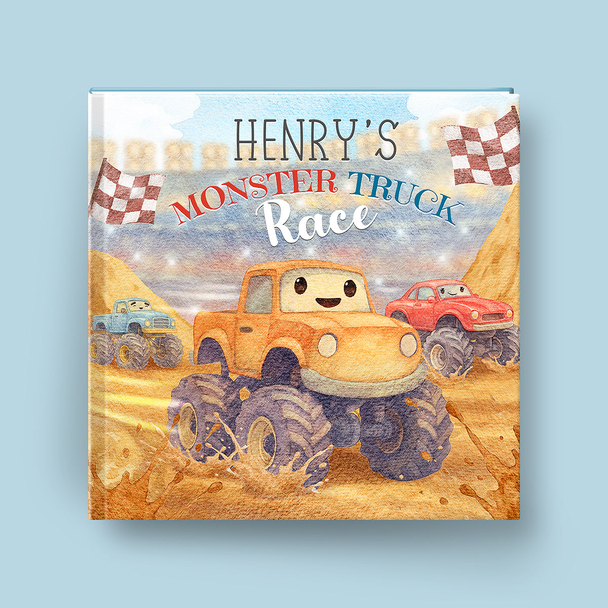 Book cover with cartoon monster trucks and 'Henry's Monster Truck Race' text on a blue background