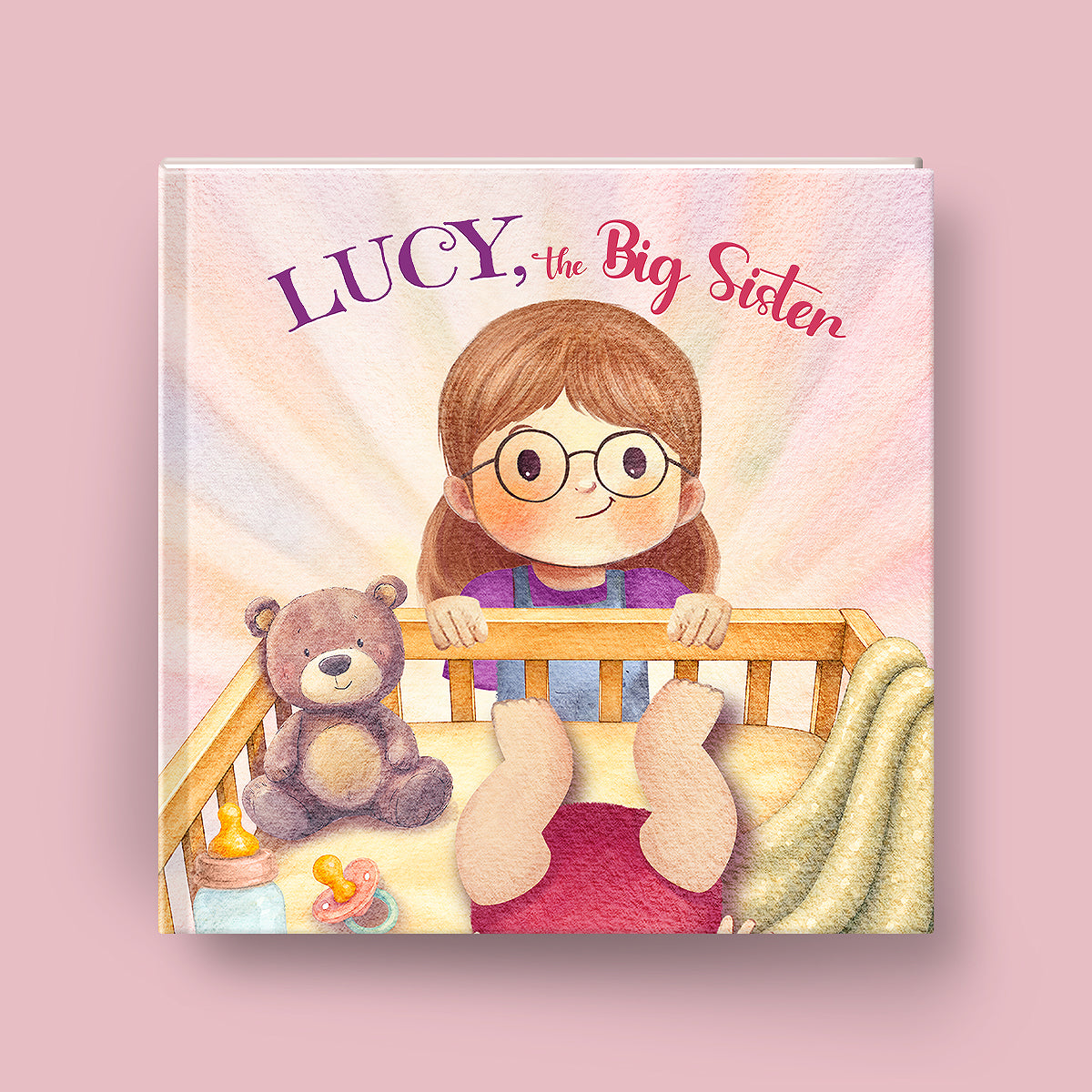 Book cover of 'Lucy, the Big Sister' with a child in glasses and a teddy bear on a pink background