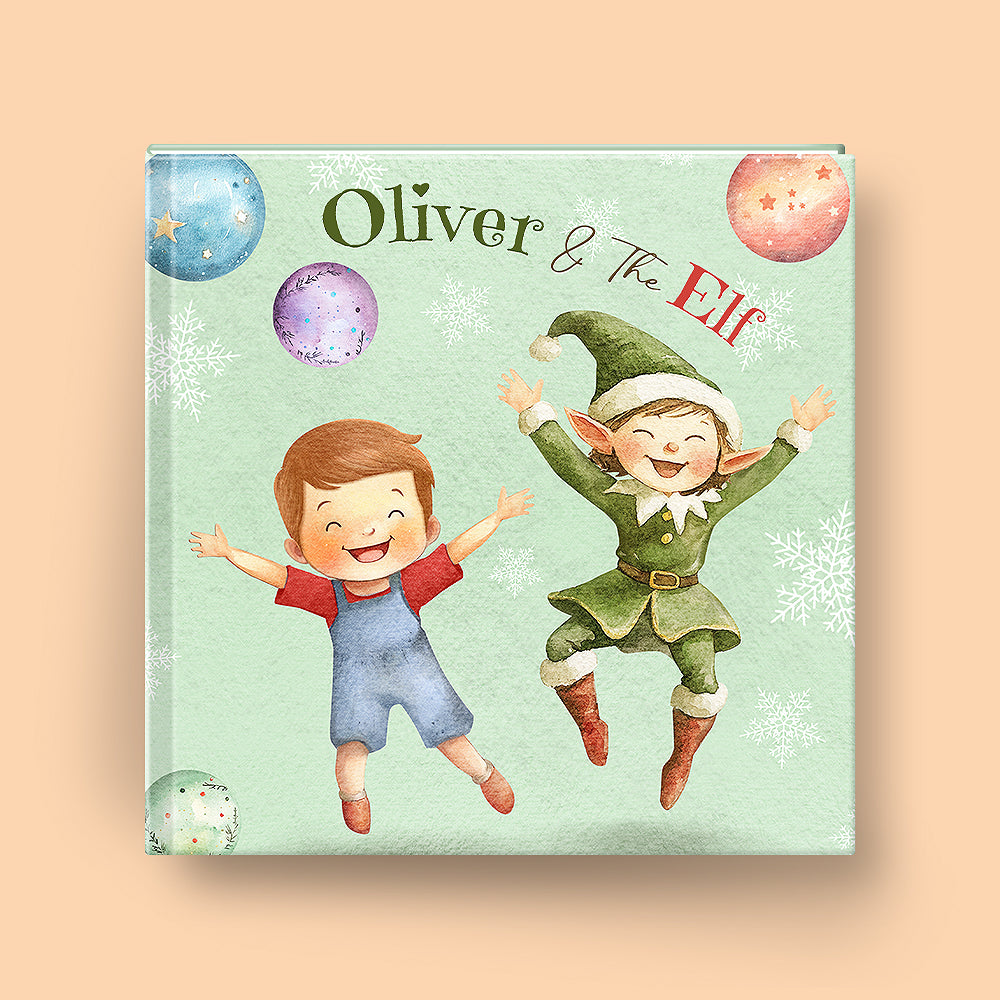 Book cover featuring a boy and an elf with planets and stars on a light green background