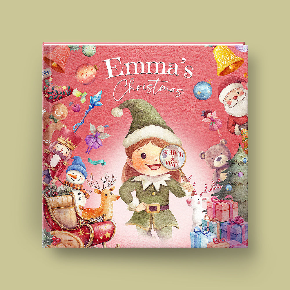 Children's book titled 'Emma's Christmas Search and Find' with festive illustrations on a pink background