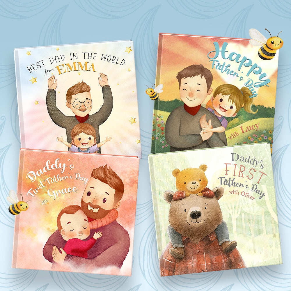 Four children's books celebrating Father's Day with illustrations of fathers and children on a blue and white circular patterned background.