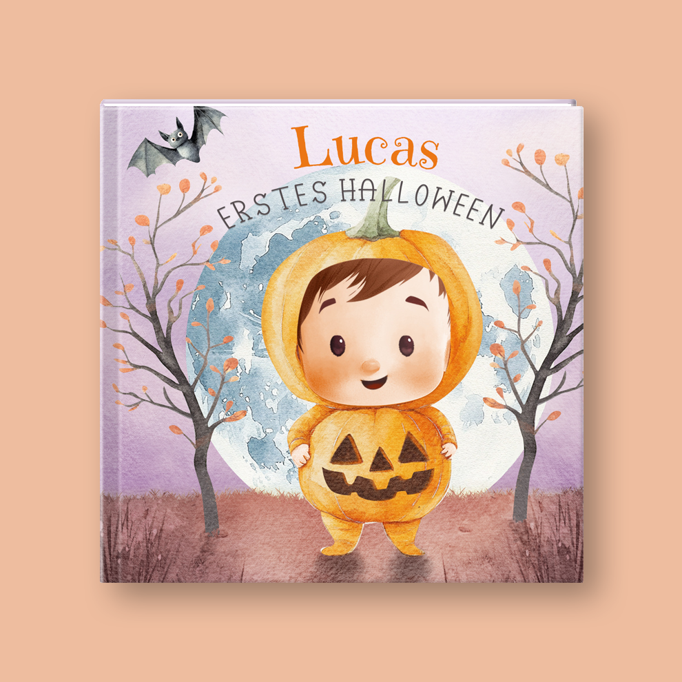 Personalized children's picture book titled 'Lucas Ersteres Halloween' featuring an illustrated child in a pumpkin costume on a peach-colored background.