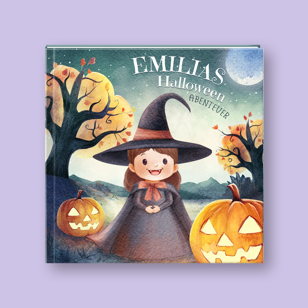 A children's book titled 'EMILIAS Halloween Abenteuer' shown upright against a light lavender background. The cover features a watercolor-style illustration of a smiling girl in a witch hat and cape, with pumpkins, trees, mountains, and a moon in the background.