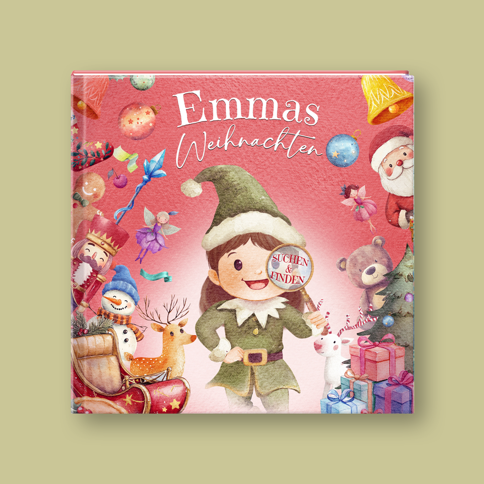 Children's book titled 'Emmas Weihnachten Suchen & Finden' with festive illustrations on a pink background