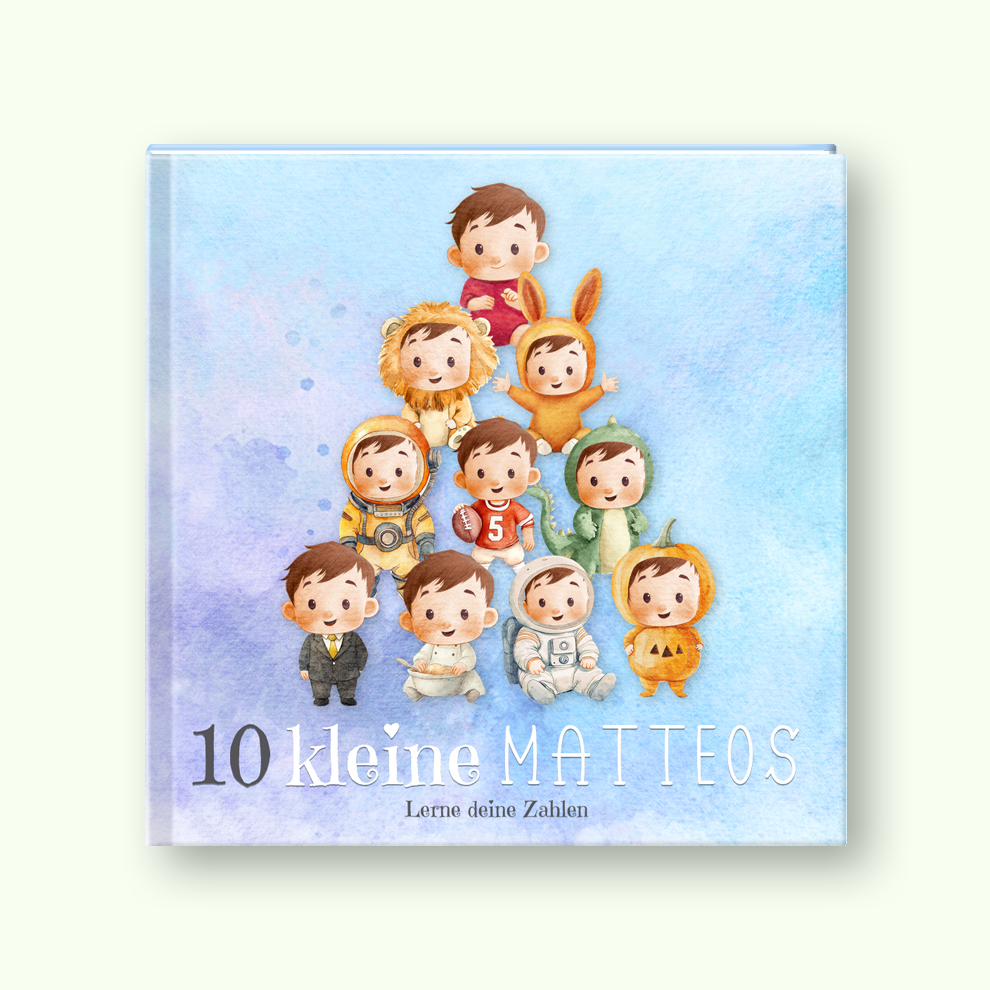 Children's book titled '10 kleine MATTEOS' with illustrations of children in costumes on a blue background.