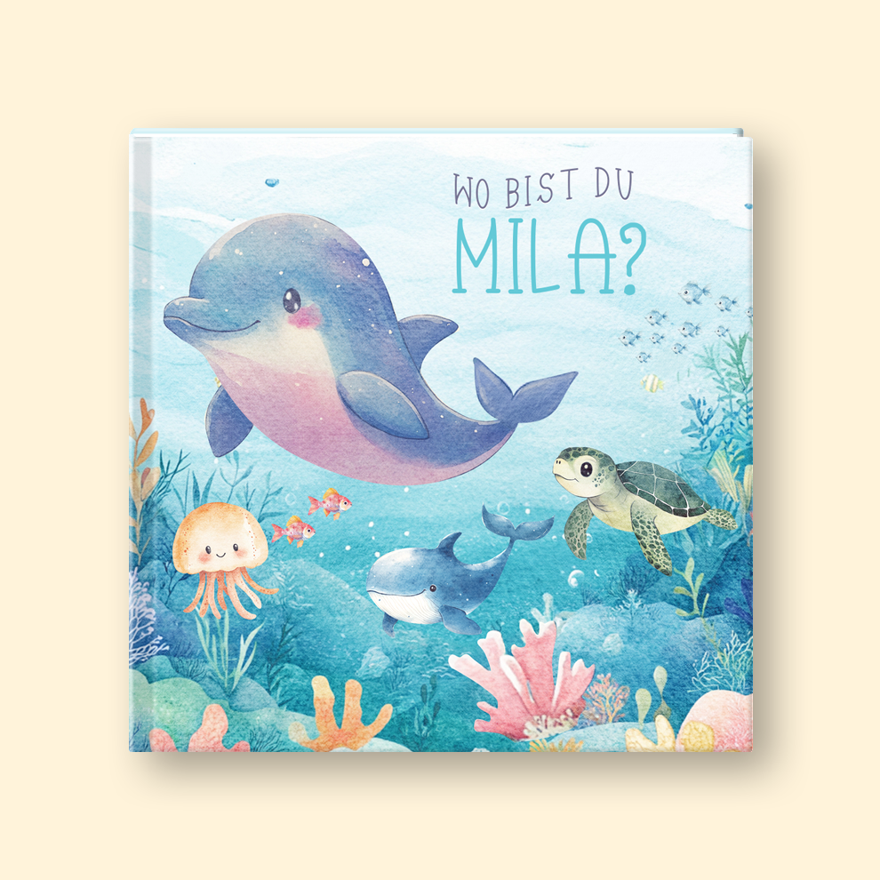 Children's book cover with underwater scene featuring dolphins and turtles on a light beige background