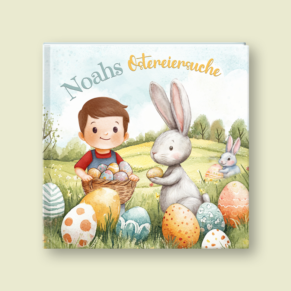 Book cover with a boy and bunny holding Easter eggs in a field