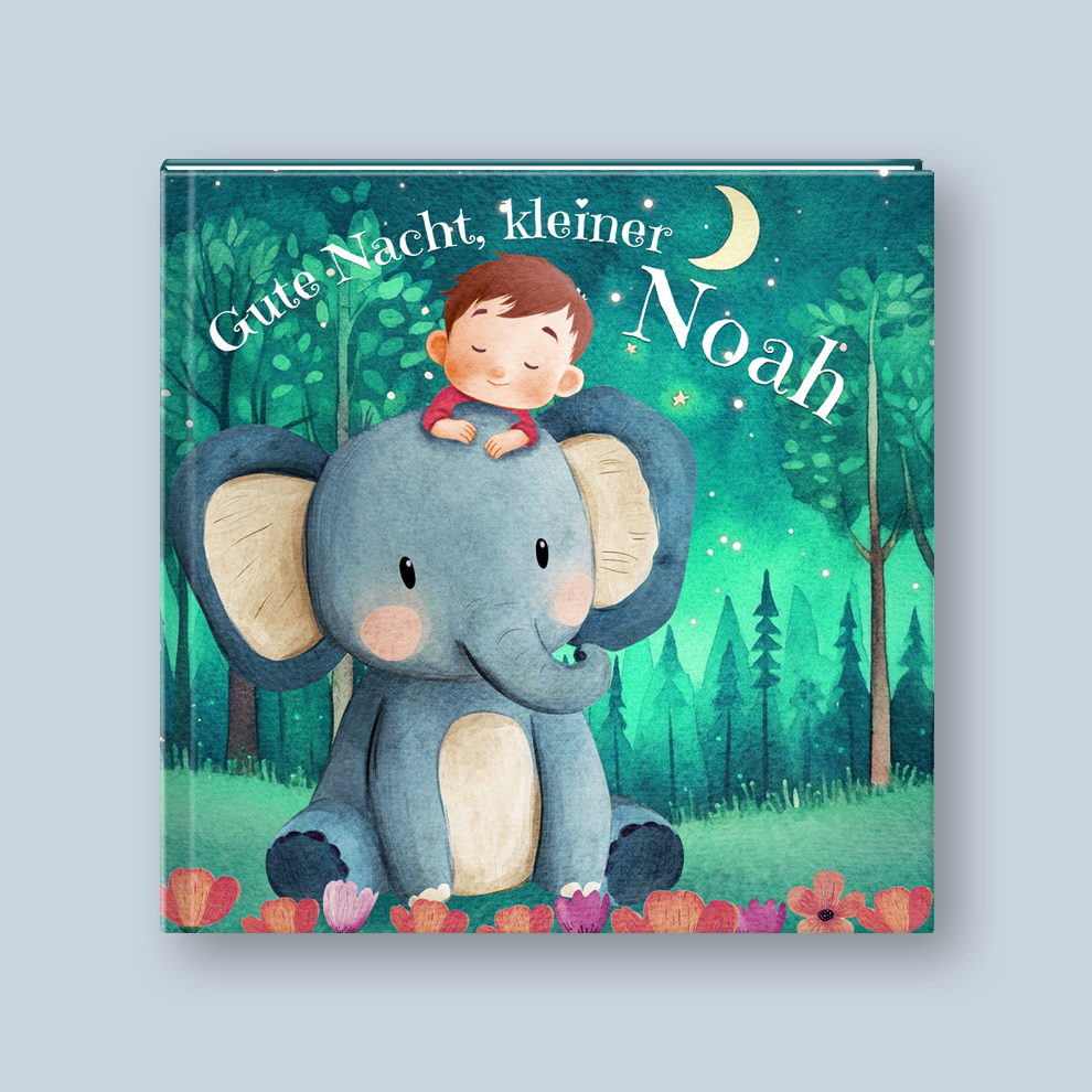 Children's book cover with an elephant and a child in a forest setting