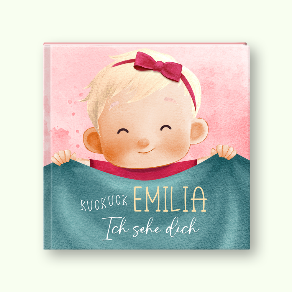 Book cover with a cartoon baby holding a blue blanket on a pink background