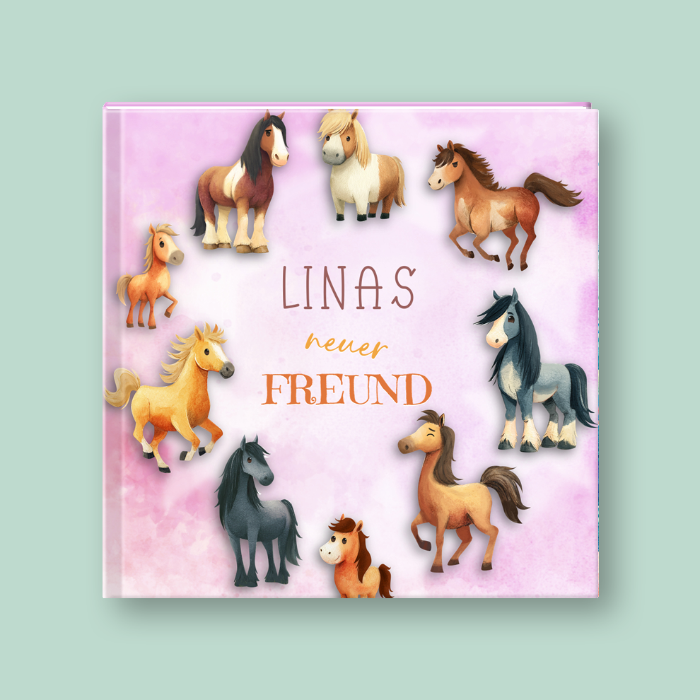 Book cover with illustrations of horses and text 'Linas neuer Freund' on a light green background