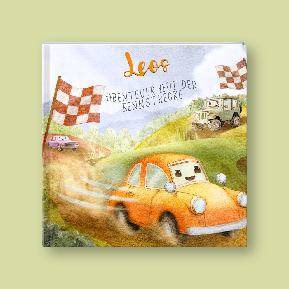Children's book cover with cartoon cars and racing theme on a light green background