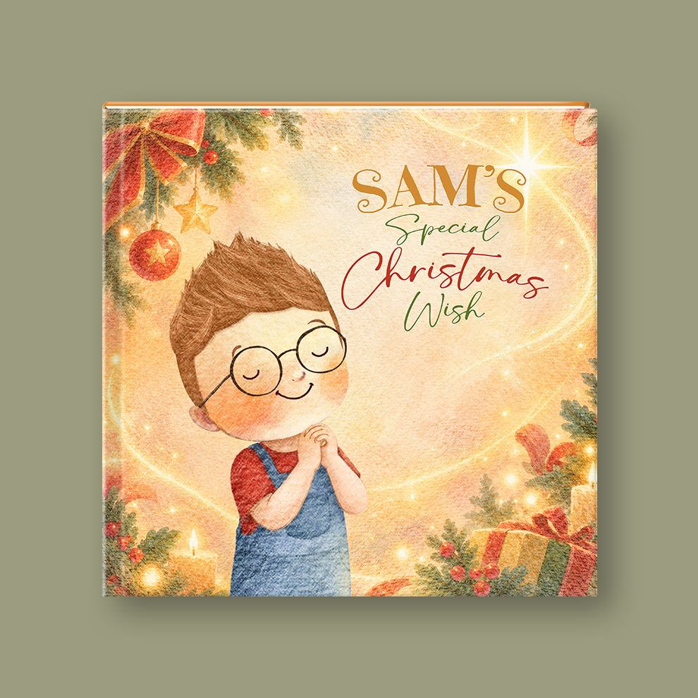 A square personalized Christmas card or print featuring a watercolor-style illustration of a boy with glasses and brown hair, surrounded by holiday decorations and the text 'SAM'S Special Christmas Wish' on a warm glowing background.