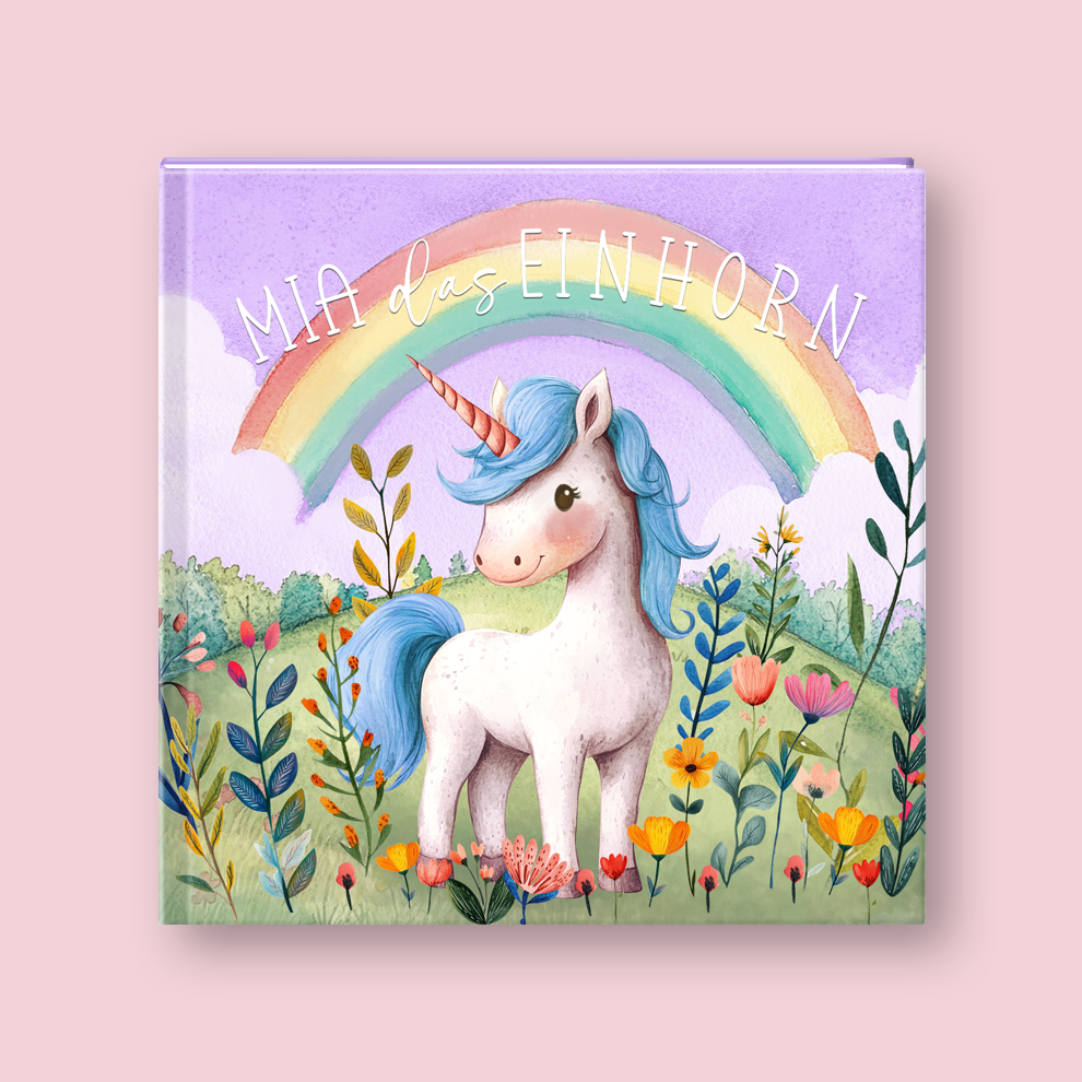 Children's book cover with a unicorn and rainbow on a pink background