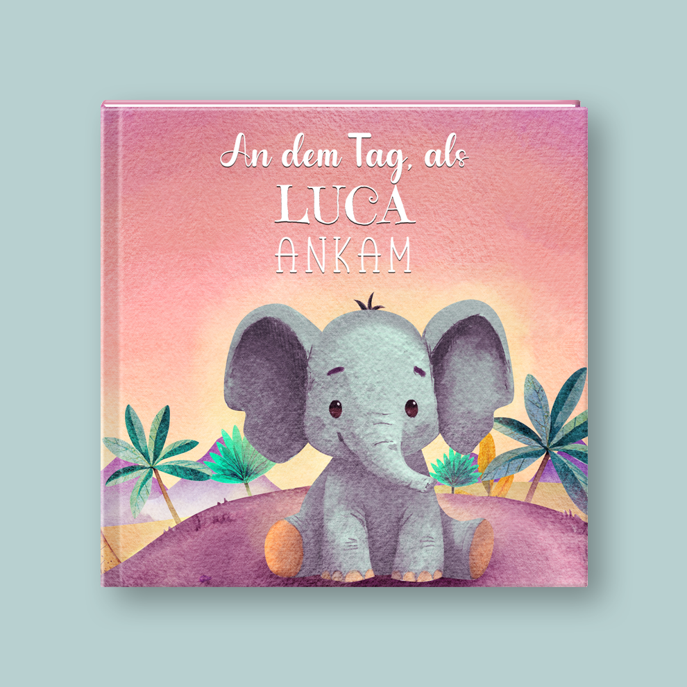 Children's book cover with an elephant illustration and text on a gradient background