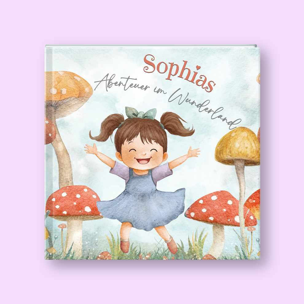 Book cover with a girl and mushrooms on a light purple background